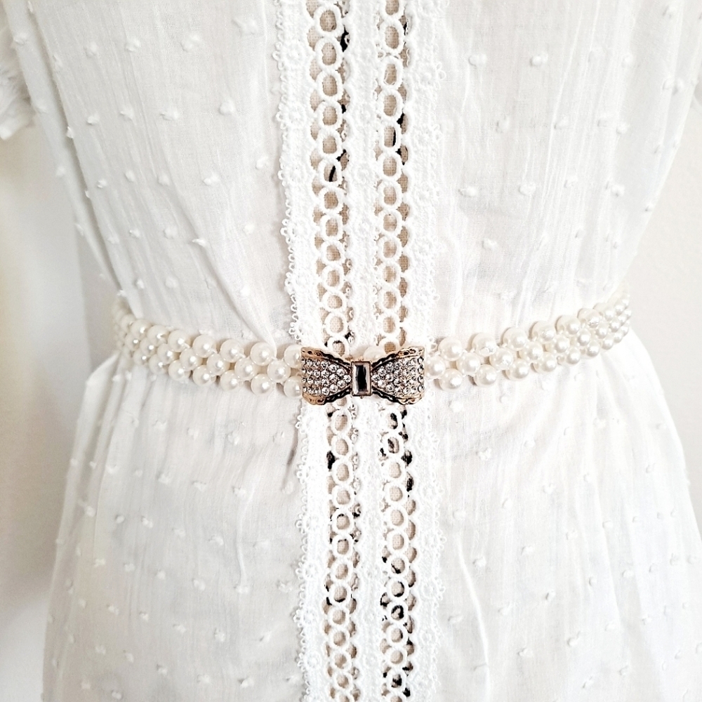 Pearl Bow Stretch White waist Belt Wedding Bridal Feminine Dainty Coquette OS